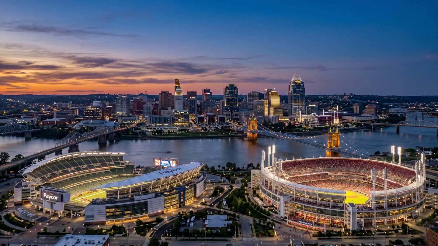 Aerial view of the Cincinnati riverfront at blue hour: Paycor Stadium and Great American Ball Park in the foreground, Roebling Suspension Bridge spanning the Ohio River, and the full downtown skyline lit against a dramatic sunset sky