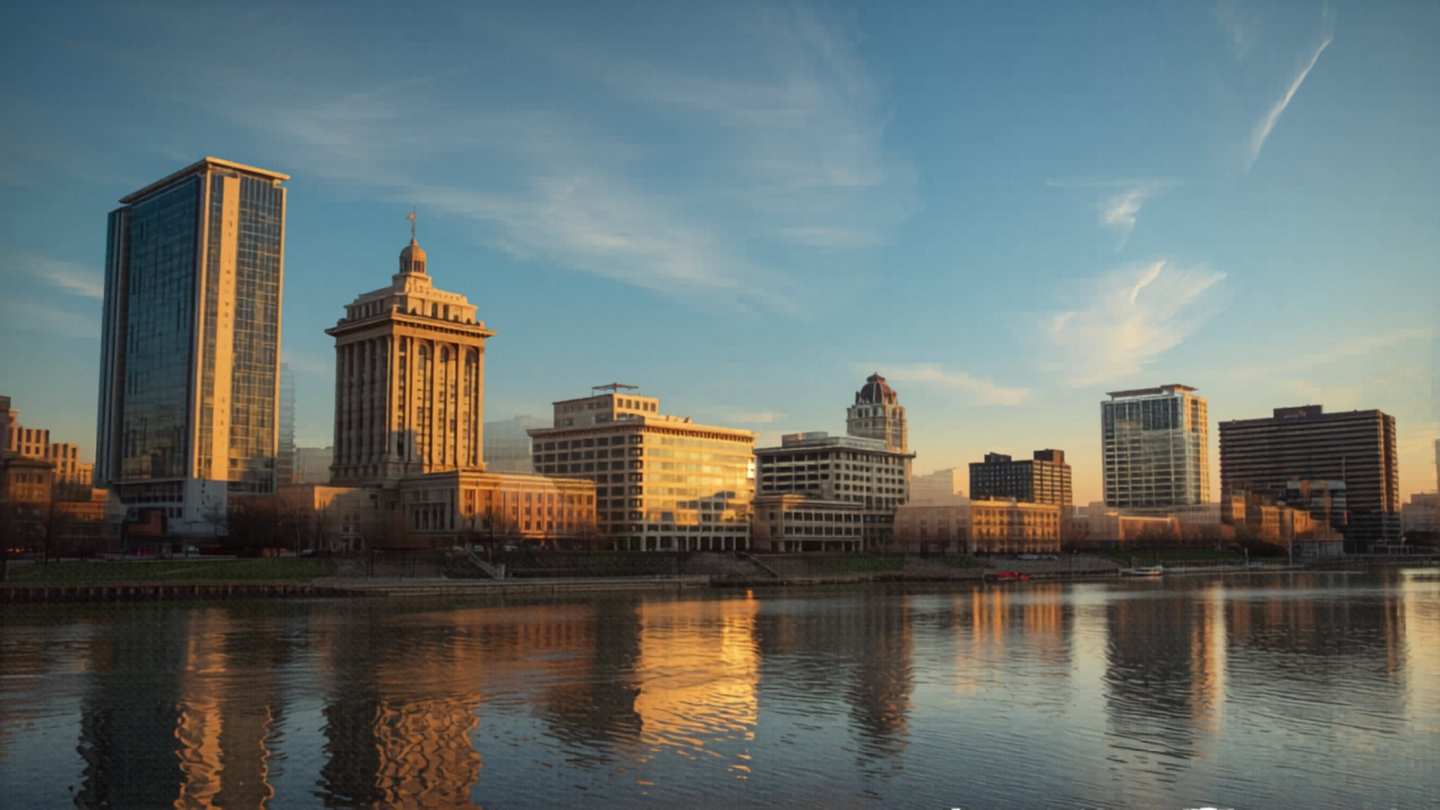 Dayton, Ohio downtown skyline at golden hour reflected in the Great Miami River, showing mid-rise commercial office buildings and a pre-war civic building