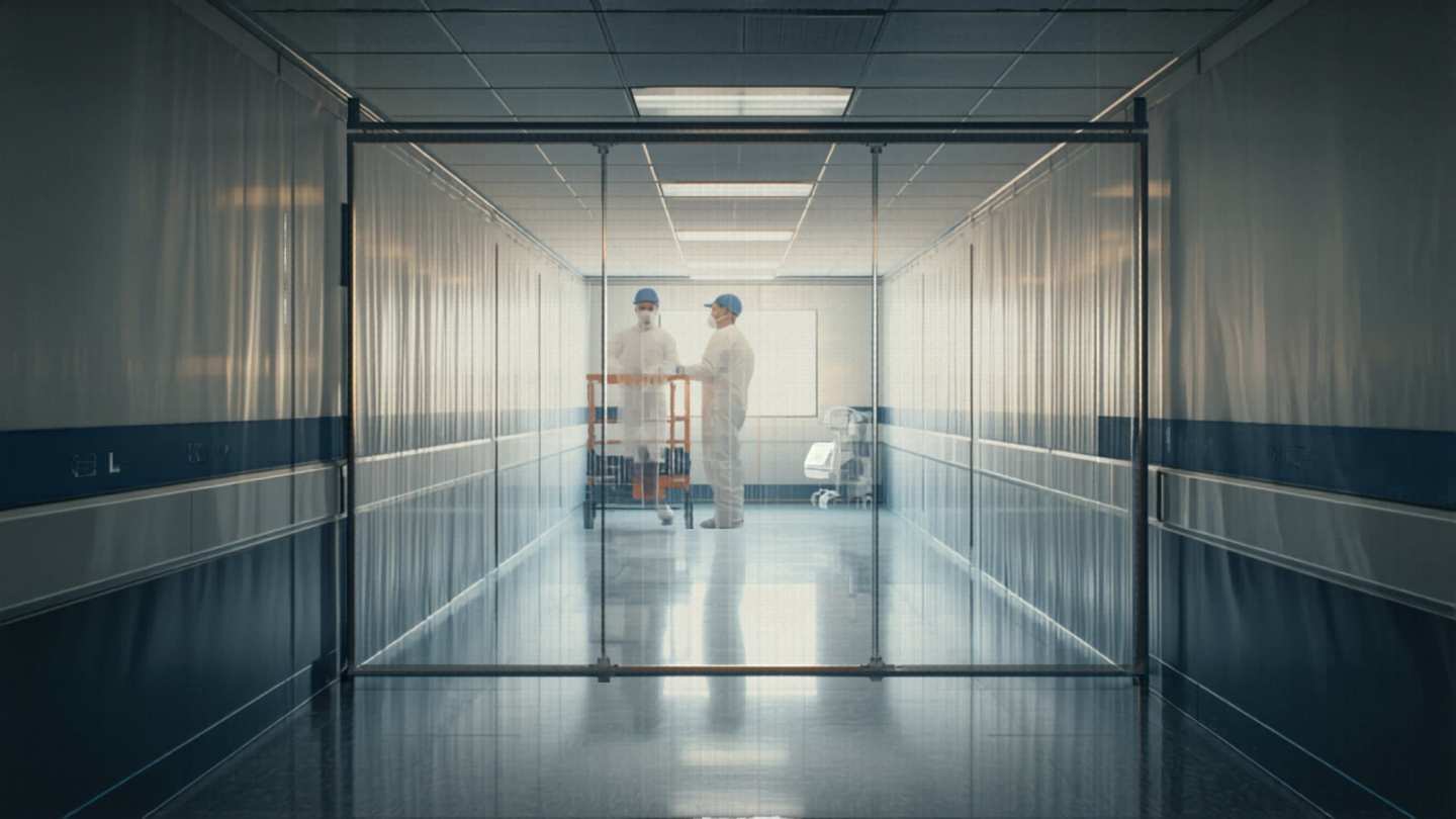 Healthcare renovation project: ICRA infection-control containment barrier with PPE-clad construction crew working inside a hospital corridor renovation zone