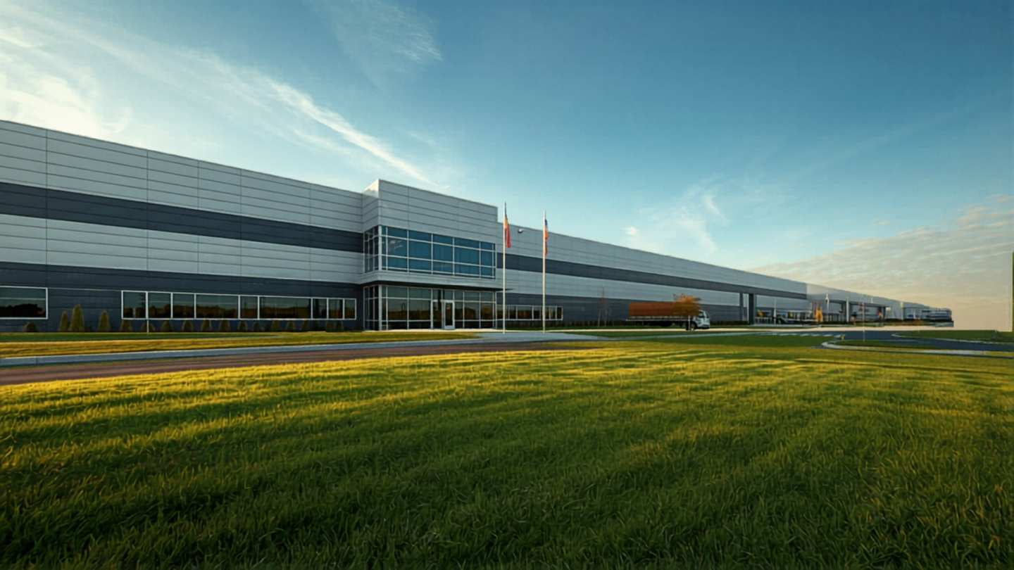 Northern Kentucky commercial real estate: a modern logistics-corridor distribution center with horizontal architectural metal cladding, glass entry vestibule, and manicured commercial landscaping under late-afternoon golden-hour light