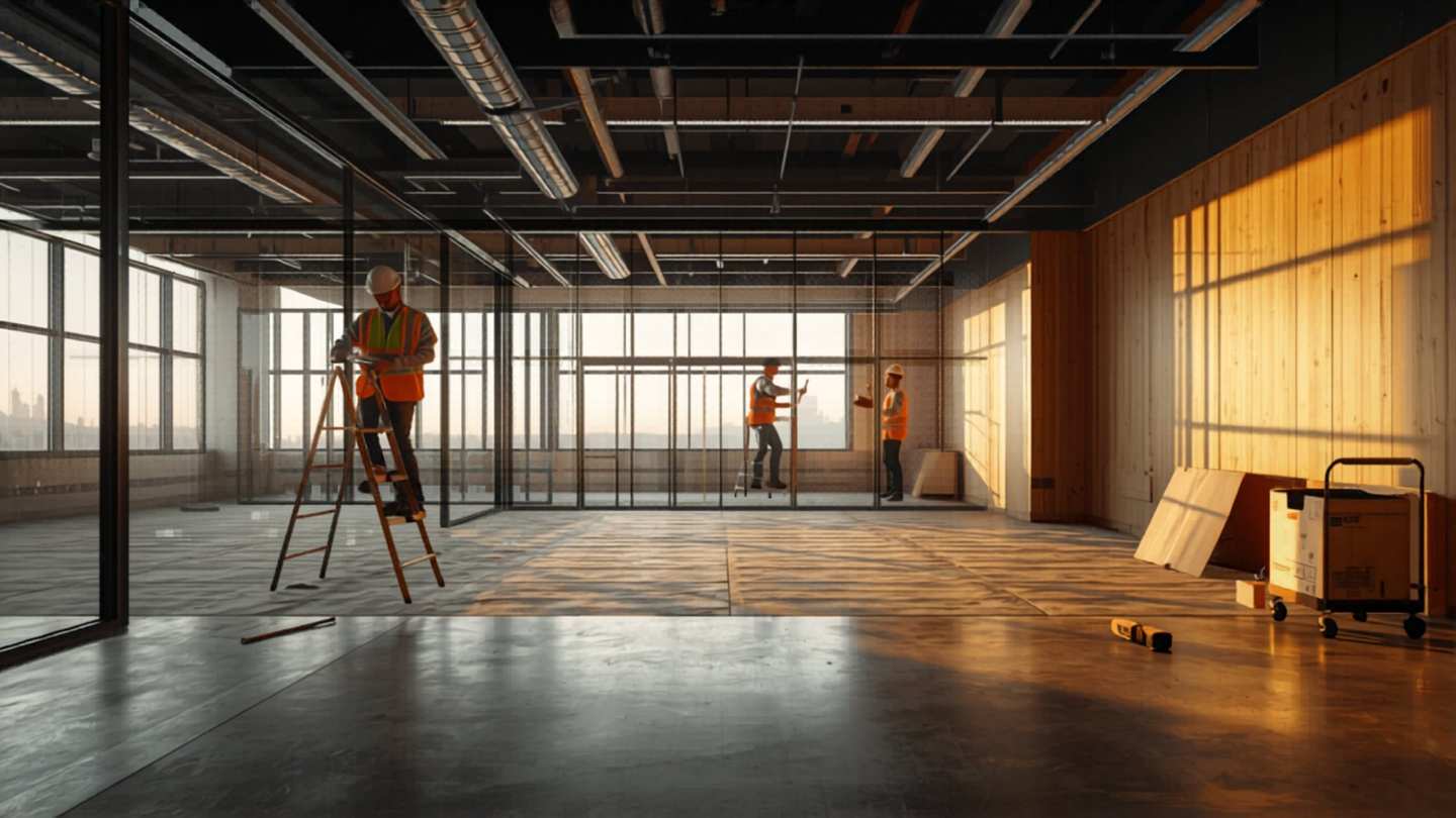 Commercial office buildout in progress: contractors installing floor-to-ceiling glass partitions in a modern open-plan office with exposed black ceiling, wood paneling, and golden-hour daylight