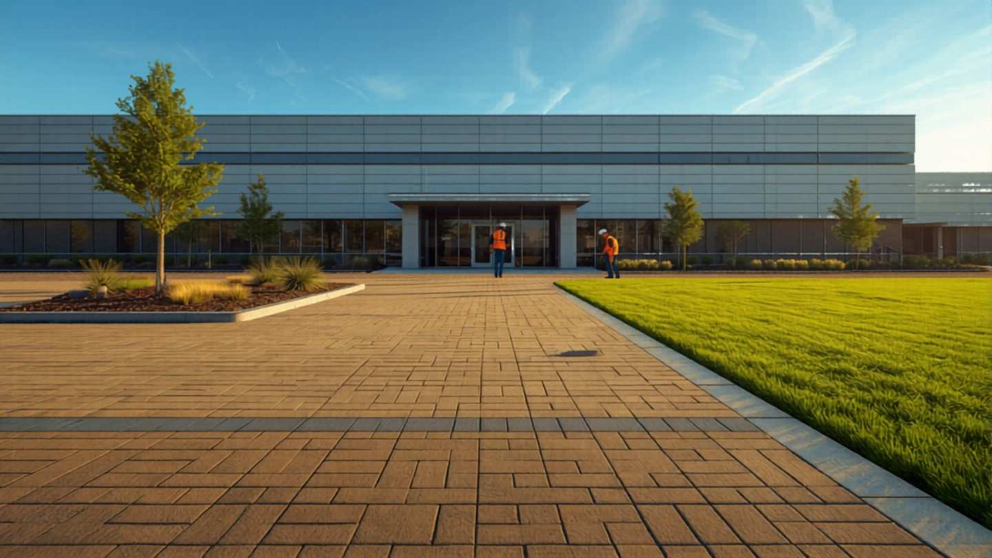 Commercial site works project: a finished interlocking-concrete paver plaza in the foreground transitioning to a freshly installed commercial sod lawn and ornamental landscape planting bed, with a modern Class A corporate office building in the background under golden-hour sunlight