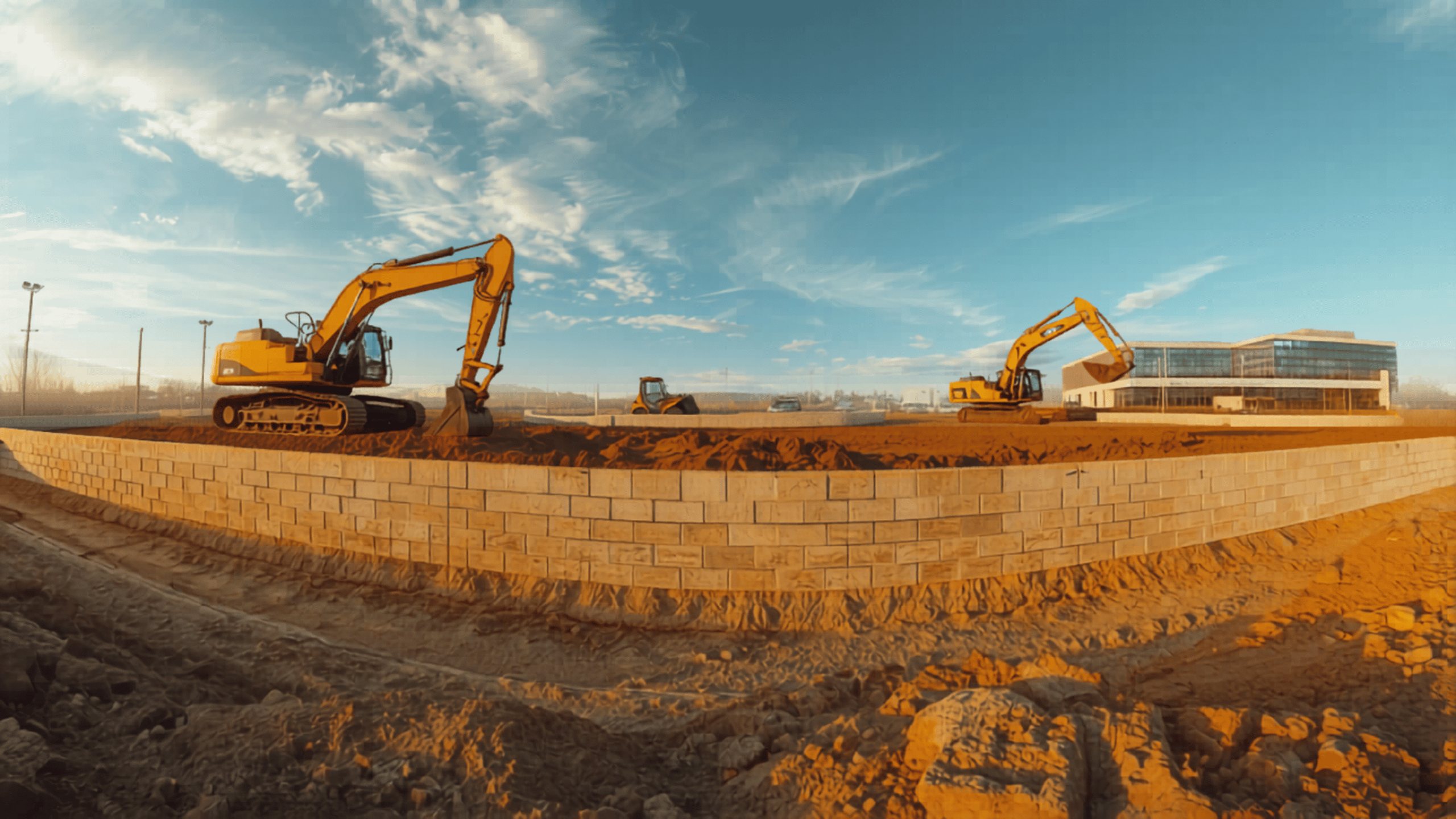 Commercial site works project: yellow tracked excavator working alongside a modular concrete segmental retaining wall on freshly graded earthwork, with a modern corporate office building in the background under golden-hour sunlight